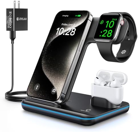 WAITIEE 3-in-1 Wireless Charging Station for i Phone, Apple Watch & Air Pods – Fast, Stylish Blue Charger with Enhanced Compatibility for i Phone 16, 15, 14, 13, 12, 11, X, 8 & Air Pods Pro – Ultimate Travel-Friendly Charging Solution with Safety Features