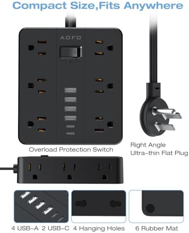 Maximize Your Charging Potential with AOFO 5 Ft Flat Plug Power Strip: 12 Outlet Surge Protector & 6 USB Ports (4 USB-A, 2 USB-C) for Home, Office, and Dorm Use – Reliable, Safe, and Space-Saving Design for All Your Devices