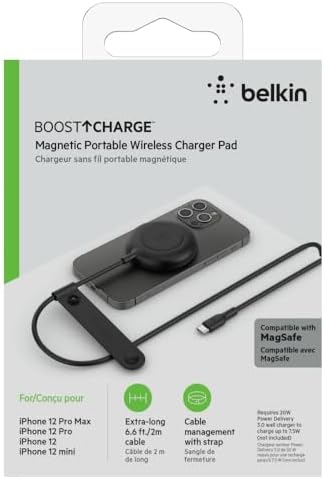 Belkin 7.5 W Magnetic Portable Wireless Charger Pad – Effortless Mag Safe Compatibility for i Phone Models 14, 13, 12, 11, XS Max, X, 8, 7, 6 s, 6, Plus – Fast Charging with 6.6 ft Long Cable for Ultimate Convenience – Sleek, Durable Design for Home, Office, and Travel Use – Enhance Your Charging Efficiency with Magnetic Alignment Technology
