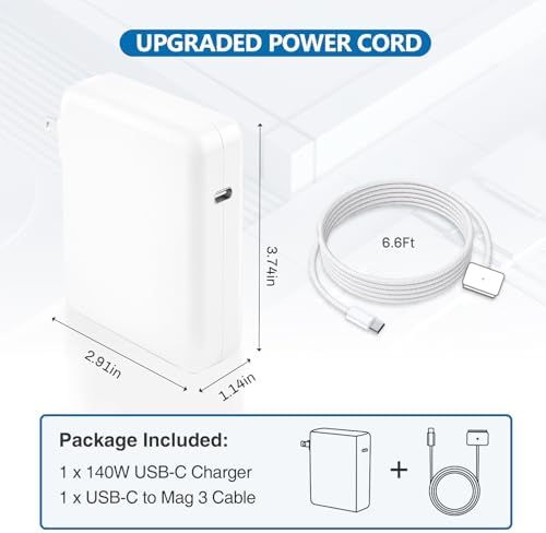 Ultra-Fast 140 W USB-C to Magnetic 3 Power Adapter for Mac Book Pro & Air (2021-2023) | Exceptional Charging Efficiency with 6.6 ft Braided Cable | Universal Compatibility for M1 & M2 Models | Innovative LED Indicator for Charging Status | CE/FCC/ROHS Certified Quality Assurance