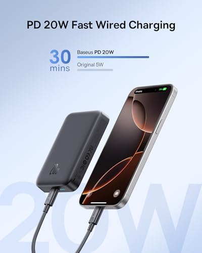 Baseus Magnetic Portable Charger for i Phone – 5,000 m Ah Qi2 Certified Wireless Power Bank with 15 W Mag Safe Compatibility & 20 W USB-C Fast Charging for i Phone 16/15/14/13/12 – Sleek, Lightweight Design for On-the-Go Power Solutions
