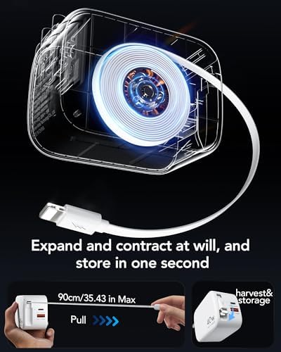 Rapid 35 W Ga N USB Wall Charger with Retractable Lightning Cables – Portable and Sleek Charging Solution for i Phone 14/13/12 & i Pad – Tangle-Free Design for Effortless Travel and Enhanced Compatibility with Apple Devices