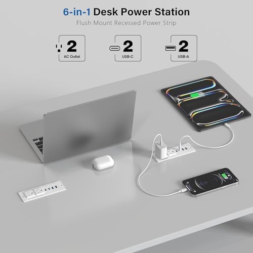 Recessed Power Strip with USB C PD Fast Charging – 30 W Flush Mount Desk Outlet for Space-Saving Convenience, 2 AC Outlets & 2 USB Ports, 6 ft Cord, Ultra Thin Flat Plug for Tidy Workspaces – Perfect for Home Offices and Multi-Device Charging Solutions