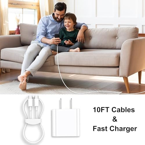 Dual Pack 20 W USB-C Fast Charger for i Phone 16/15 with 10 FT Long Cable – Superior Compatibility and Rapid Charging Solution for i Pad Pro 12.9/11 inch, i Pad Mini 6, Air 4 – Enhance Your Mobile Experience with Unmatched Speed and Flexibility