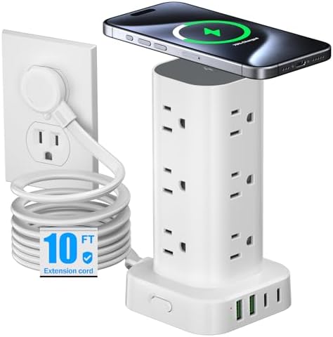Ultimate Tower Power Strip Surge Protector – 12 AC Outlets & 4 High-Speed USB Ports (2 USB-C) with 6 FT Flexible Extension Cord – Versatile Charging Station for Home, Office, Dorm & Travel (Black) – Unmatched Safety & Space-Saving Design