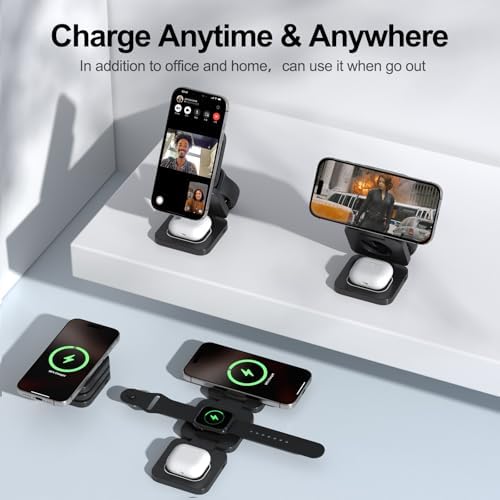 3-in-1 Foldable Magnetic Wireless Charging Station for Apple Devices – Qi2 Travel Charger for i Phone 12-16 Series, Apple Watch & Air Pods with 45 W Fast Adapter – Ultimate Convenience and Enhanced Compatibility for Modern Lifestyles