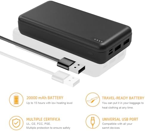 High-Capacity 20000 m Ah 5 V Battery Pack for Heated Vests and Jackets – Reliable Power Bank for Electric Clothing, Lightweight Portable Charger with Quick Charging for Enhanced Warmth and Comfort in Cold Weather, Ideal for Outdoor Activities and Daily Use