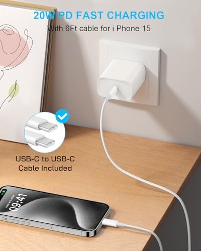 20 W USB-C Wall Charger for i Phone 16 & 15 – Fast Charging Dual Pack with 6 FT Type-C Cable – Optimized Power Delivery for i Pad Pro and More – Compact, Durable, and Travel-Friendly Charging Solution for Home and On-the-Go Use