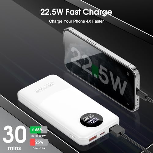 Advanced 10,000 m Ah Portable Charger with 22.5 W Fast Charging – USB-C Power Bank for i Phone 16/15/14/13/12 & Samsung S22/S21 – PD 3.0 & QC 4.0 Compatible with LED Battery Display – Lightweight Multi-Device Power Bank for Travel & Daily Use