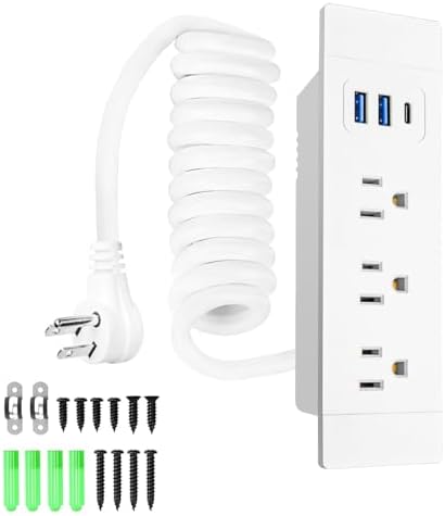 Compact Drawer Charging Hub with USB-C, USB-A & AC Outlets – 5 FT Flexible Power Cord, UL Listed Surge Protector for Neat Installation – Fast Charge Your Devices in Style and Safety