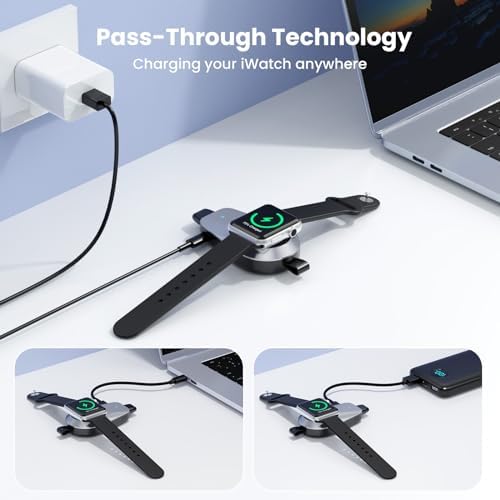 Ultra-Compact Magnetic Wireless Charger for Apple Watch & i Phone – 1600 m Ah Keychain Emergency Power Bank for Seamless Charging on the Go – Compatible with i Watch 9/8/Ultra/7/6/SE/5/4/3 & i Phone 5-14 Series (Sleek Black) – Ideal for Travelers and Professionals