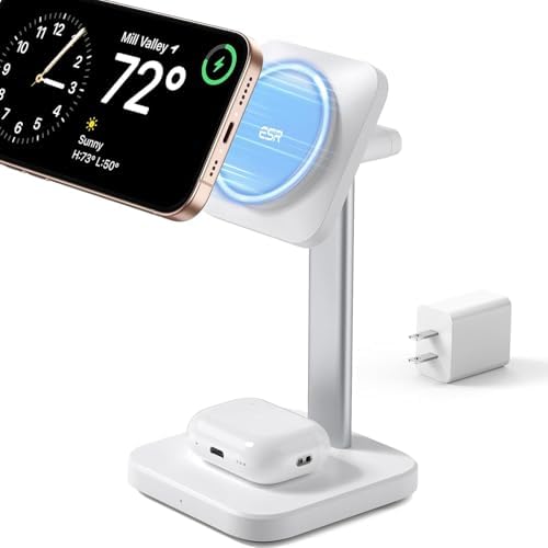 Ultimate ESR 2-in-1 Mag Safe Charging Station for Apple Devices – Fast Wireless Charger Stand for i Phone 16/15/14/13/12, Apple Watch, & Air Pods – Sleek Black Design for Dual Device Convenience and Enhanced Speed