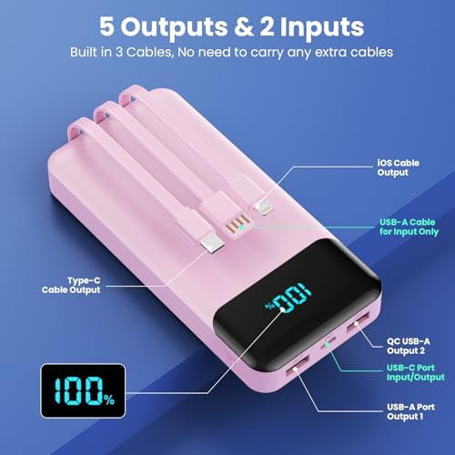 High-Capacity 40800 m Ah Portable Charger with Integrated Cables – Fast PD 25 W USB-C & QC4.0 Power Bank for i Phone 15/16 and Samsung – Smart LED Indicator, 5 Outputs for Multi-Device Charging – Ultimate Travel Companion for On-the-Go Power Solutions