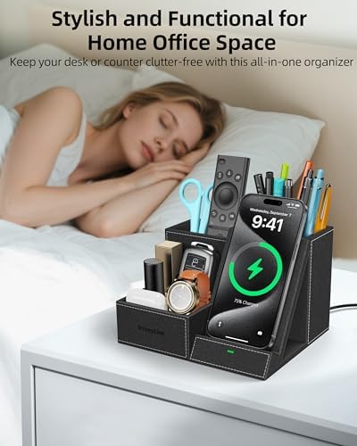 Elevate Your Workspace: Multifunctional Wireless Charger & Desk Organizer with 3 Compartments and Phone Stand – PU Black – Fast Charging & Stylish Office Essential for Maximum Productivity and Organization