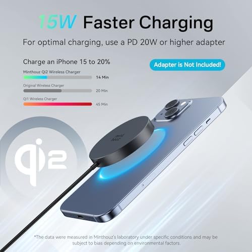Minthouz Qi2 Magnetic Wireless Charger – 15 W Fast Charging for i Phone 16/15/14/13/12 Series & Air Pods, Sleek Magnetic Charging Pad for Qi-Enabled Devices, Effortless Power Boosts & Streamlined Design, Perfect for Home & Travel, No Adapter Required, Modern Black Finish
