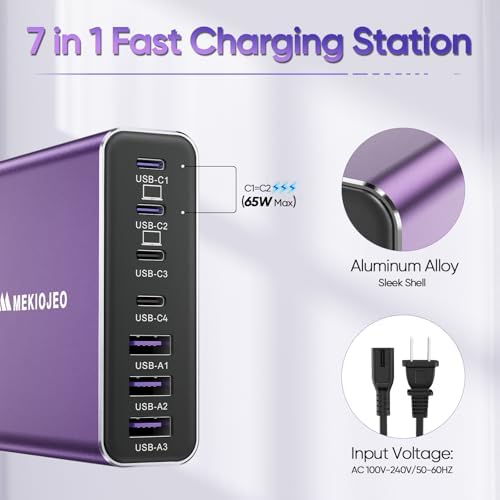 Elevate Your Charging Game with the 65 W Ga N 7-Port Aluminum USB-C Power Hub – High-Speed Multi-Device Charger for Mac Book Pro, i Pad Pro, and i Phone – Lightweight, Travel-Friendly Design with Advanced Safety Features for Efficient Power Delivery