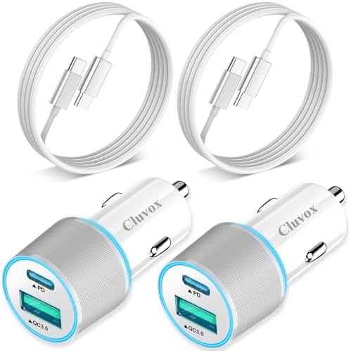 Dual Port 38 W USB-C Car Charger (2 Pack) – Fast Charge Your i Phone 16 Pro/Max/Plus & Samsung Galaxy S25/S24/S23 with 20 W PD & 18 W QC – Includes 3.3 FT Type C Cable – Sleek Black Design for Enhanced Compatibility and Efficiency, Perfect for Road Trips and Daily Commutes