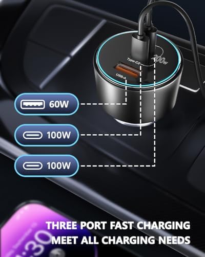 High-Power 200 W USB C Car Charger – Multi-Port PD3.0 QC4.0 Adapter with Dual 100 W Cables for Fast Charging on the Go – Universal Compatibility for Dell XPS, Mac Book, i Phone 16/15/14, Galaxy S24 Ultra & i Pad Pro – Efficient Travel Companion for Modern Devices