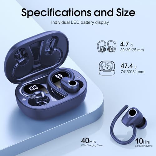 Poounur Bluetooth 5.3 Wireless Sport Earbuds – 50 Hours Playtime, IP7 Waterproof, Noise-Cancelling Headphones with Earhooks and Dual LED Display for Ultimate Comfort and Sound Quality – Perfect for Active Lifestyles and Outdoor Adventures
