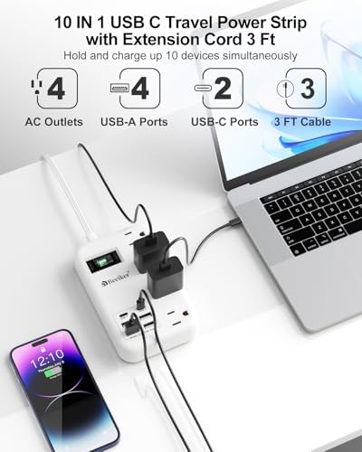International Travel Power Adapter with 6 USB Ports and 4 AC Outlets – Versatile Plug Converter for European Destinations Including UK, France, Italy, and Germany – Compact 3 ft Extension Cord with Surge Protection for Enhanced Device Safety and Charging Efficiency