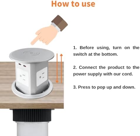 ZESHAN Sleek Pop-Up Power Outlet with 15 W Wireless Charging Station – Dual US Outlets, USB A & USB C PD Fast Charging Ports for Effortless Connectivity at Home or Office – Ideal for Conference Tables and Kitchen Counters, Modern Black Finish