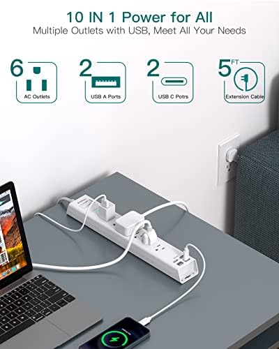 Ultimate Power Strip Surge Protector with Dual USB-C Ports – 6 Outlet Multi-Plug Extension Cord for Efficient Charging in Home, Office, or Dorm – Flat Plug Design with 5 ft Cord and 900 J Surge Defense for Enhanced Device Safety