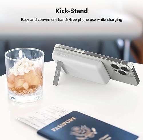 Belkin Wireless Power Bank 5000 m Ah with Mag Safe Compatibility – Portable Charger for i Phone 16 Series, i Phone 15, and Air Pods – 7.5 W Fast Charging with Built-in Kickstand for Hands-Free Use – Lightweight White Design for On-the-Go Charging Solutions