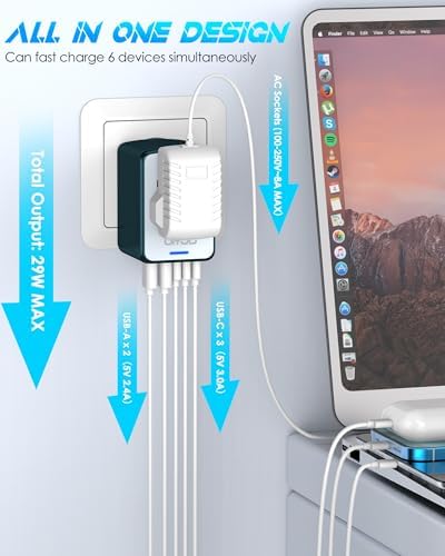 Global Travel Companion: High-Performance Universal Adapter with 6 A Output, Featuring 3 USB-C & 2 USB-A Ports for Swift Charging Across 200+ Countries – Perfect Solution for EU, US, UK, AU and Beyond