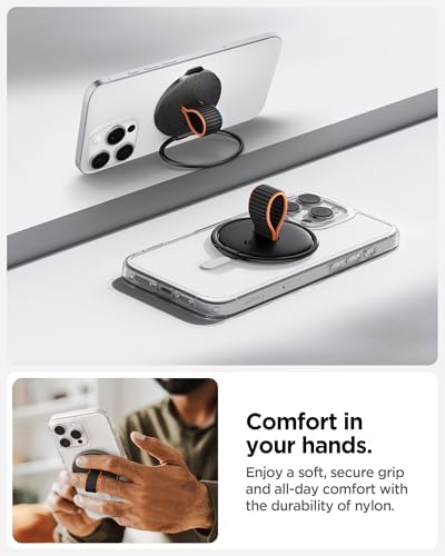 Spigen O-Mag Magnetic Phone Holder Grip with Finger Strap Loop – Dune Beige – Perfectly Designed for i Phone 16/15/14/13/12 Series – Enhanced Mag Safe Compatibility & Secure Grip for Effortless Use – Adjustable Kickstand & Durable Nylon Strap for Everyday Convenience – Elevate Your Smartphone Experience with Style