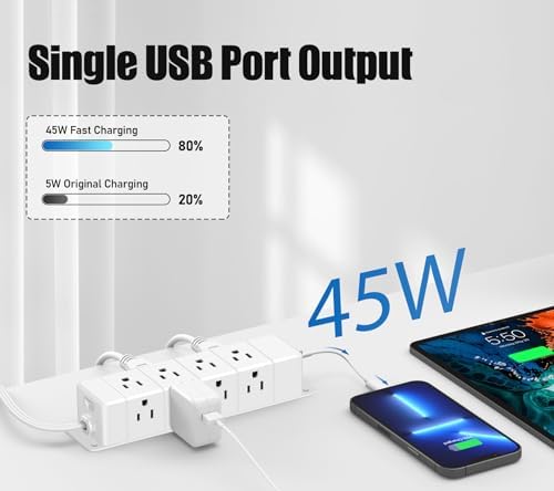 Maximize Workspace Efficiency with the 45 W USB-C Fast Charging Power Strip – 12 Outlets, 4 USB Ports, 1200 J Surge Protection, and 6 FT Flat Extension Cord for Seamless Under Desk Mounting and Enhanced Device Compatibility