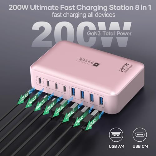 Transform Your Charging Routine with the 200 W 8-Port Fast Charging Hub – Multi-Device USB Station Featuring 65 W Laptop Adapter, Space-Saving Flat Plug, Durable Braided Cable, and User-Friendly On/Off Power Control for Optimal Performance and Safety
