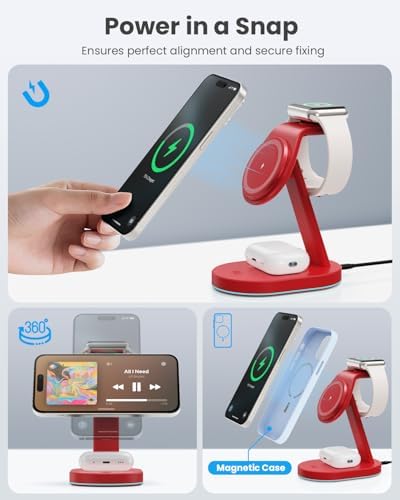 Ultimate 3-in-1 Wireless Charging Station for i Phone, Apple Watch, and Air Pods – Qi2 Certified 15 W Magnetic Charger with 30 W USB-C Adapter & Integrated Night Light – Streamlined Design for i Phone 16/15/14/13/12 – Superior Speed and Enhanced Compatibility for Modern Tech Users