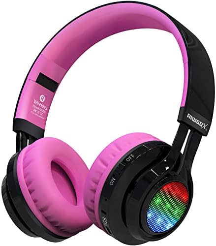 Riwbox AB005 Kids Wireless Headphones – Colorful Over-Ear Bluetooth Headset with Dynamic LED Lights, FM Radio, and TF Card Slot – Ideal Audio Companion for Tablets and TVs, Stylish Black & Pink Design for Young Music Lovers – Fun, Durable, and Safe Sound Solution for Kids