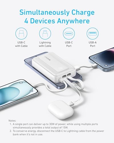 Anker Zolo 10,000 m Ah Fast Charging Power Bank – Ultimate Portable Charger with Built-in USB-C & MFi Certified Lightning Cables, 30 W Max Output for i Phone 16/15 Series, Mac Book, Galaxy – Lightweight Dual-Port Battery Pack for On-the-Go Charging