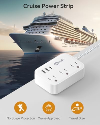 Compact PD 20 W USB C Travel Power Strip with Flat Plug Design, 3 AC Outlets & 3 USB Ports for Rapid Charging – Ideal Cruise Ship Essential & Versatile Charging Station for i Pad Pro, i Phone, Samsung Devices – 3 FT Short Extension Cord for Convenient Use