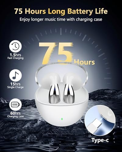 Discover Premium Bluetooth 5.3 Wireless Earbuds – 40 Hours of Playtime, IPX7 Waterproof for Active Lifestyles, High-Fidelity Sound with Built-in Microphone for Effortless Calling – Stylish White Finish for Ultimate Comfort and Versatility