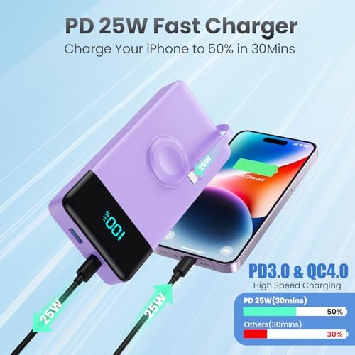 High-Capacity 10800 m Ah Portable Power Bank with Integrated Charging Cables & Wireless Apple Watch Dock – 25 W Quick Charge Solution for i Phone 16/15/14/13/12 & Android Devices – Sleek Pink Design for Effortless Travel – Enhanced Safety Features for Optimal Device Protection
