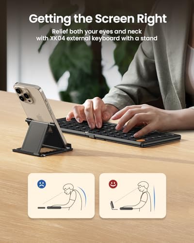 Proto Arc Portable Bluetooth Foldable Keyboard – Travel-Friendly Compact Design with PU Leather Cover for i Pad, i Phone, and Tablets – Rechargeable Wireless Mini Keyboard for Effortless Typing on the Go – Gray