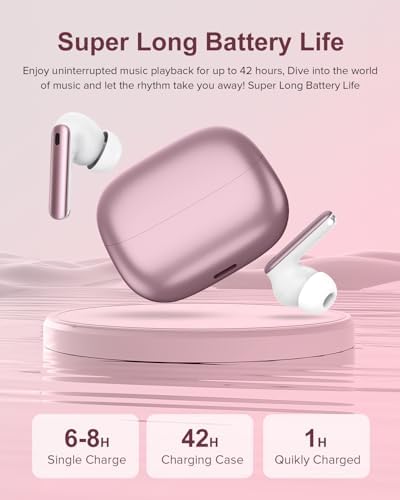 Sleek Rose Gold Wireless Earbuds with Bluetooth 5.3 | 42-Hour Long Battery Life & IPX7 Waterproof Design | Premium Noise Cancelling Earphones for Exceptional Audio | Intelligent LED Display for Seamless Connectivity on i OS & Android