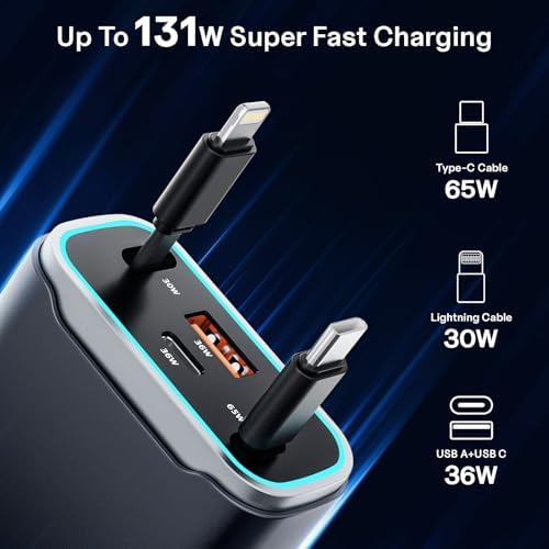 Revolutionary 131 W Retractable Car Charger – 4-in-1 USB-C Fast Charging Adapter with Dual Retractable Cables for i Phone 16/15/14/13 – Ultimate Car Accessory for Seamless Power and Connectivity – Perfect Gift for Tech-Savvy Drivers and Travelers – Compact Design with Enhanced Safety Features for Effortless Charging On-the-Go
