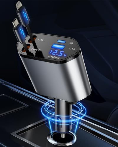 Revolutionary Retractable 4 in 1 Car Charger with Starlight Design – Fast Charging USB-A & USB-C Compatibility for i Phone 16/15/14/13/12/11/X, Galaxy, and Pixel Devices – Multi-Device Power Solution for Modern Drivers