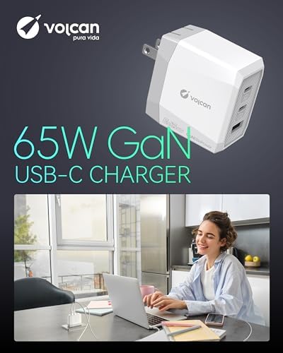 Volcan 65 W Ga N USB-C Triple Port Fast Charger – Ultra-Compact Travel Wall Adapter for Laptops, Tablets & Smartphones – Optimal Power Delivery for i Phone 15/14/13/12/11/X, Mac Book Pro/Air, Samsung Galaxy, Pixel & More – Sleek Design for On-the-Go Efficiency