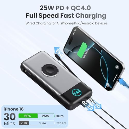 26800 m Ah Ultra-High Capacity Portable Charger with Built-in Cables & AC Wall Plug – 6-in-1 USB-C Power Bank for Fast Charging of i Phone 16/15/14/13/12, Android Devices & Apple Watch – Charge 5 Devices at Once with 25 W PD & Quick Charge Technology – Ideal for Travel, Camping, and Daily Use – Advanced Safety Features for Optimal Performance