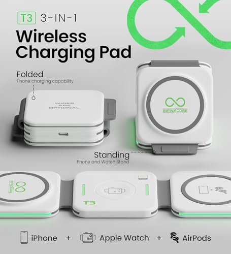 Infina Core 3-in-1 Magnetic Wireless Charging Station for Apple Devices – Ultimate Travel Charger for i Phone 12-16 Pro Max/Plus, Air Pods & Apple Watch – Compact Foldable Design with Rapid Charging and Enhanced Compatibility