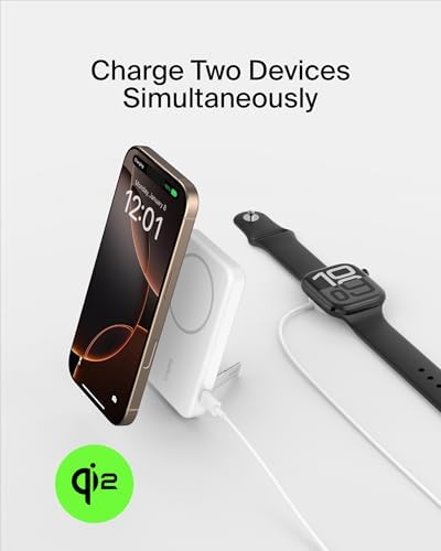 Belkin 5000 m Ah Wireless Power Bank with Qi2 Technology – Mag Safe-Compatible Portable Charger Featuring Built-in Kickstand for i Phone 16, 15, 14, 13, Plus, Pro, Pro Max – Sleek White Design for Seamless Charging on the Go – Optimal Speed & Versatile Compatibility