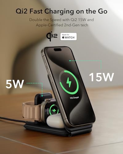 ESR Qi2 All-in-One 3-in-1 Charging Station for Apple Devices – Fast 15 W Mag Safe Charger, Certified Apple Watch & Air Pods Power Hub, Ideal Travel Companion for i Phone 16/15/14/13/12 Series, Sleek Black Design with Travel Bag Included – Maximizing Efficiency and Style