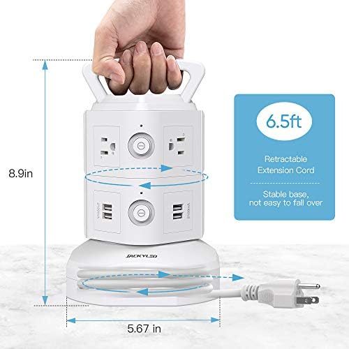 JACKYLED Power Strip Tower Surge Protector with 12 Outlets and 6 USB Ports (2 USB-C) – High-Speed Charging Station with 1050 Joules Protection, 1625 Watts, 6.5 ft Extension Cord for Enhanced Home Office Efficiency and Device Safety