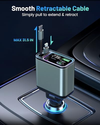 Versatile 4-in-1 Retractable Car Charger with RGB Lighting – 92 W Fast Charging USB-C Adapter for i Phone, Galaxy, and Pixel – Compact & Stylish Car Phone Charger for Effortless Power Management – Essential Car Accessory for Tech-Savvy Drivers
