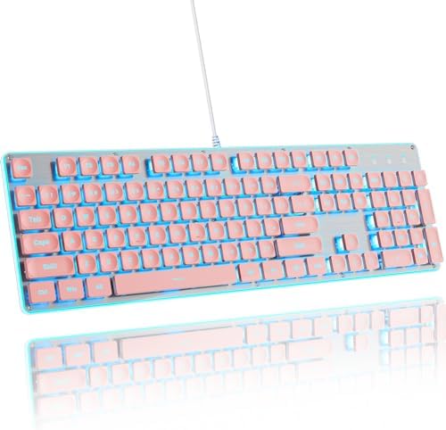 Surmen G1000 Pink Backlit Typewriter Keyboard – Full-Size 104 Keys with Silent Membrane, Durable Metal Panel, USB Wired for Effortless Gaming and Office Use – Stylish, Quiet, and Efficient Typing Experience