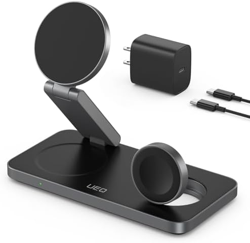 Ultimate 3-in-1 Magnetic Wireless Charging Station for Apple Devices – Fast Mag-Safe Charger Stand for i Phone 16/15/14/13/12, Apple Watch Ultra/SE/10/9/8/7/6/5/4, and Air Pods Pro/4/3/2 (Black & Gray) – Unmatched Compatibility and Speed with Intelligent Safety Features Experience the pinnacle of charging convenience with our sleek, foldable 3-in-1 wireless charging station, engineered to power your i Phone, Apple Watch, and Air Pods simultaneously. Enjoy rapid 15 W charging with seamless Mag Safe alignment, specifically tailored for the latest i Phone models. Designed for versatility, this charger is also Qi-compatible, ensuring it works flawlessly with all your wireless devices. Safety is paramount; our multi-intelligent protection system safeguards against over-voltage, over-current, and overheating, extending your device’s battery lifespan. The adjustable and compact design makes it an ideal travel companion, allowing you to find your perfect viewing angle while saving space. Included are a 20 W USB-C PD charger and a 3 ft USB-C cable, ensuring you have everything for optimal performance. Elevate your charging experience today!
